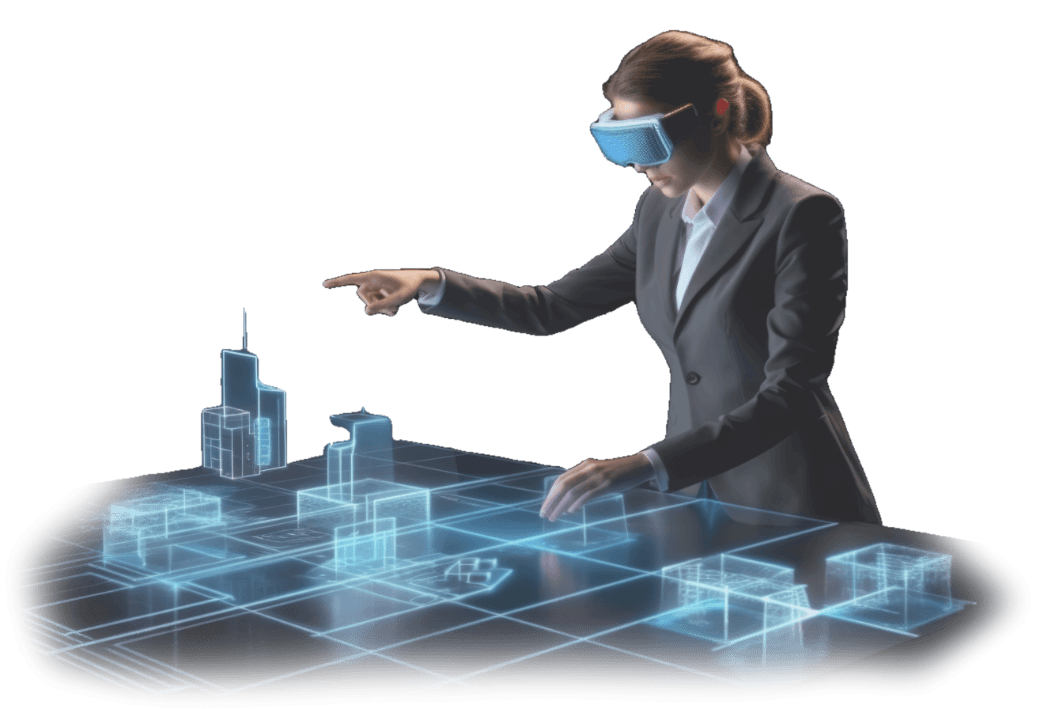 Foto de uma mulher mexendo com um holograma computadorizado de imóveis.